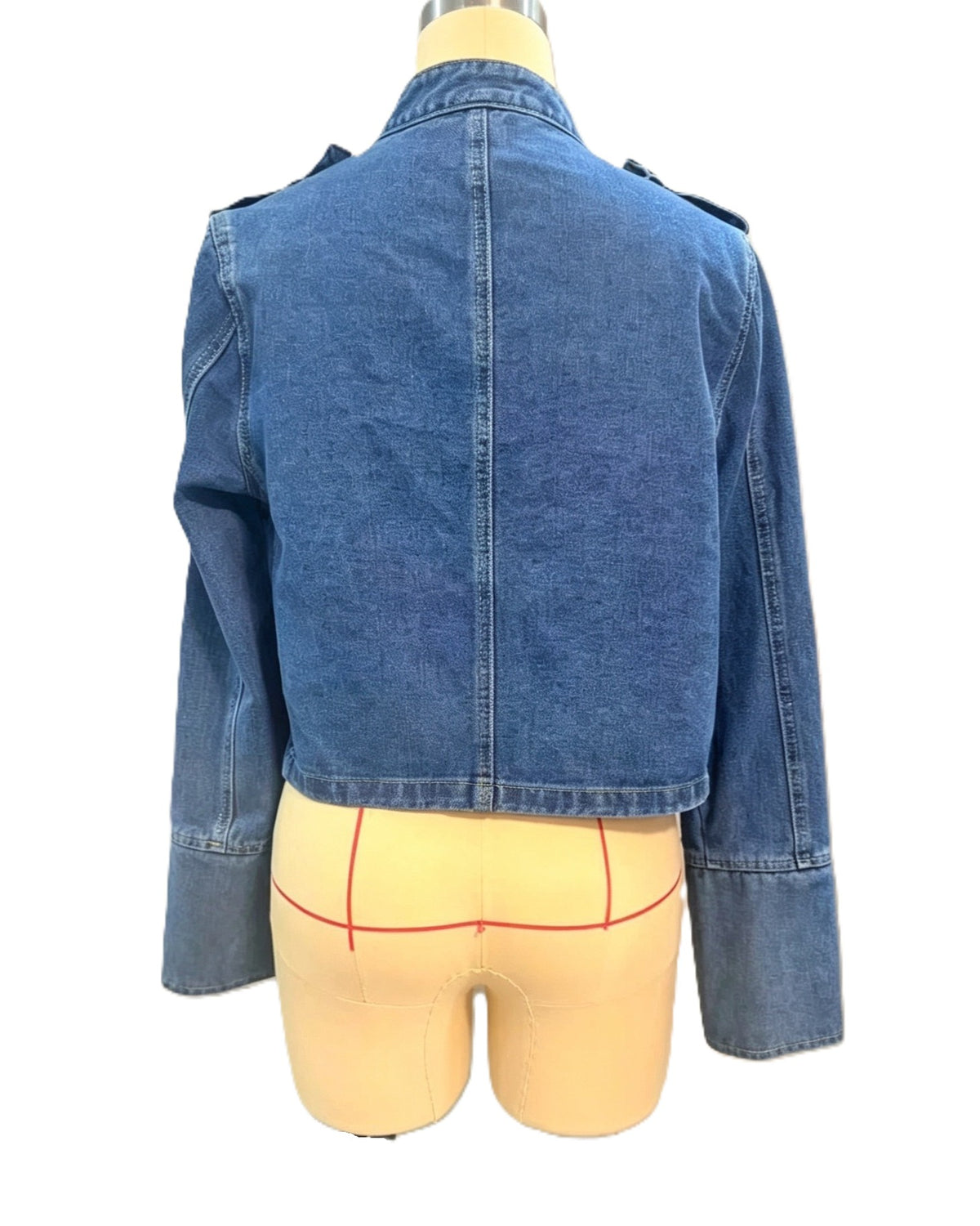 Cropped Denim Jacket With Military Button Rows - Blue - 2