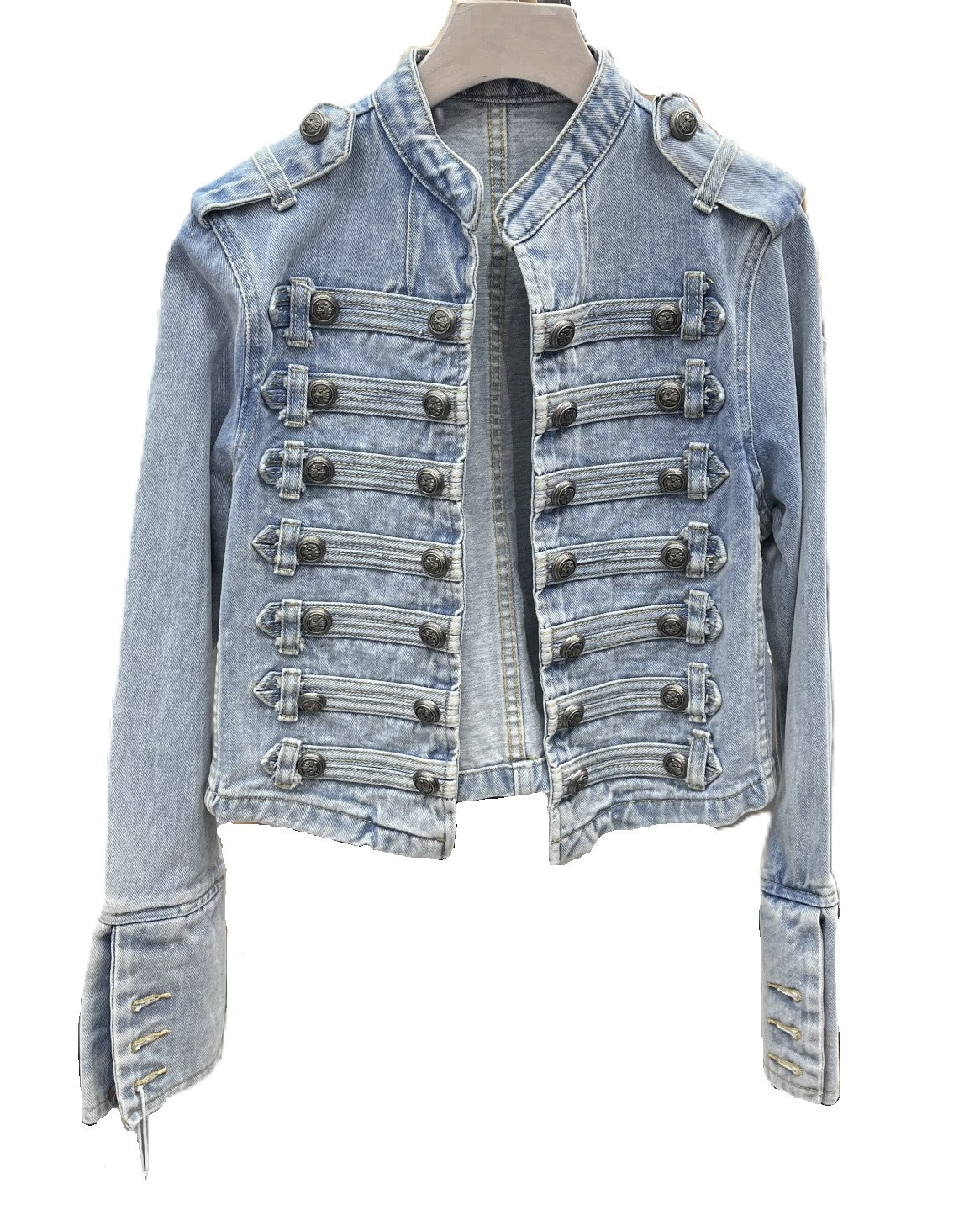 Cropped Denim Jacket With Military Button Rows - Light_Blue