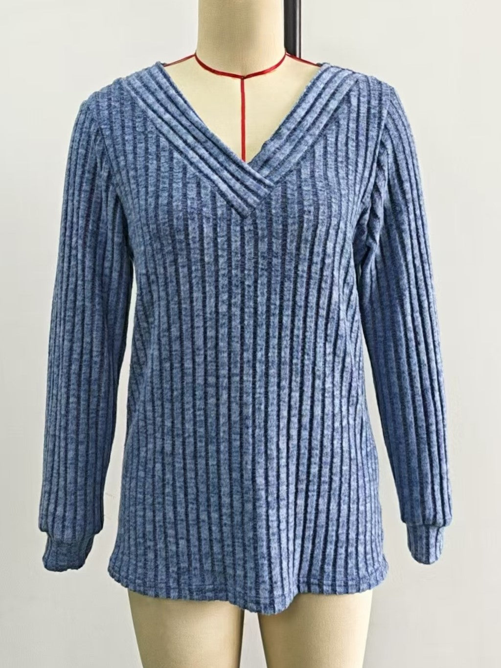 Ribbed Knit Surplice V Neck Blouse - Blue