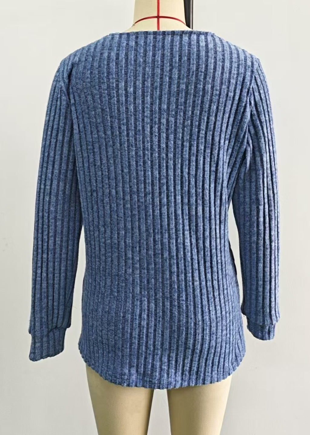 Ribbed Knit Surplice V Neck Blouse - Blue - 1