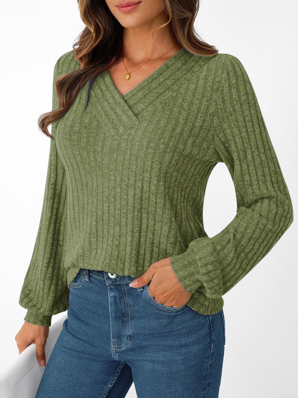 Ribbed Knit Surplice V Neck Blouse - Green