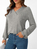 Ribbed Knit Surplice V Neck Blouse - Grey