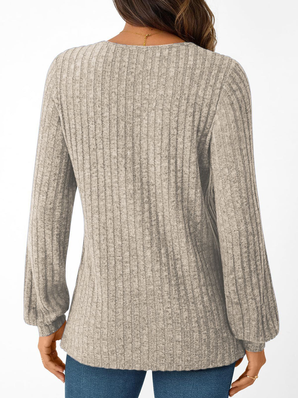 Ribbed Knit Surplice V Neck Blouse - Khaki - 1