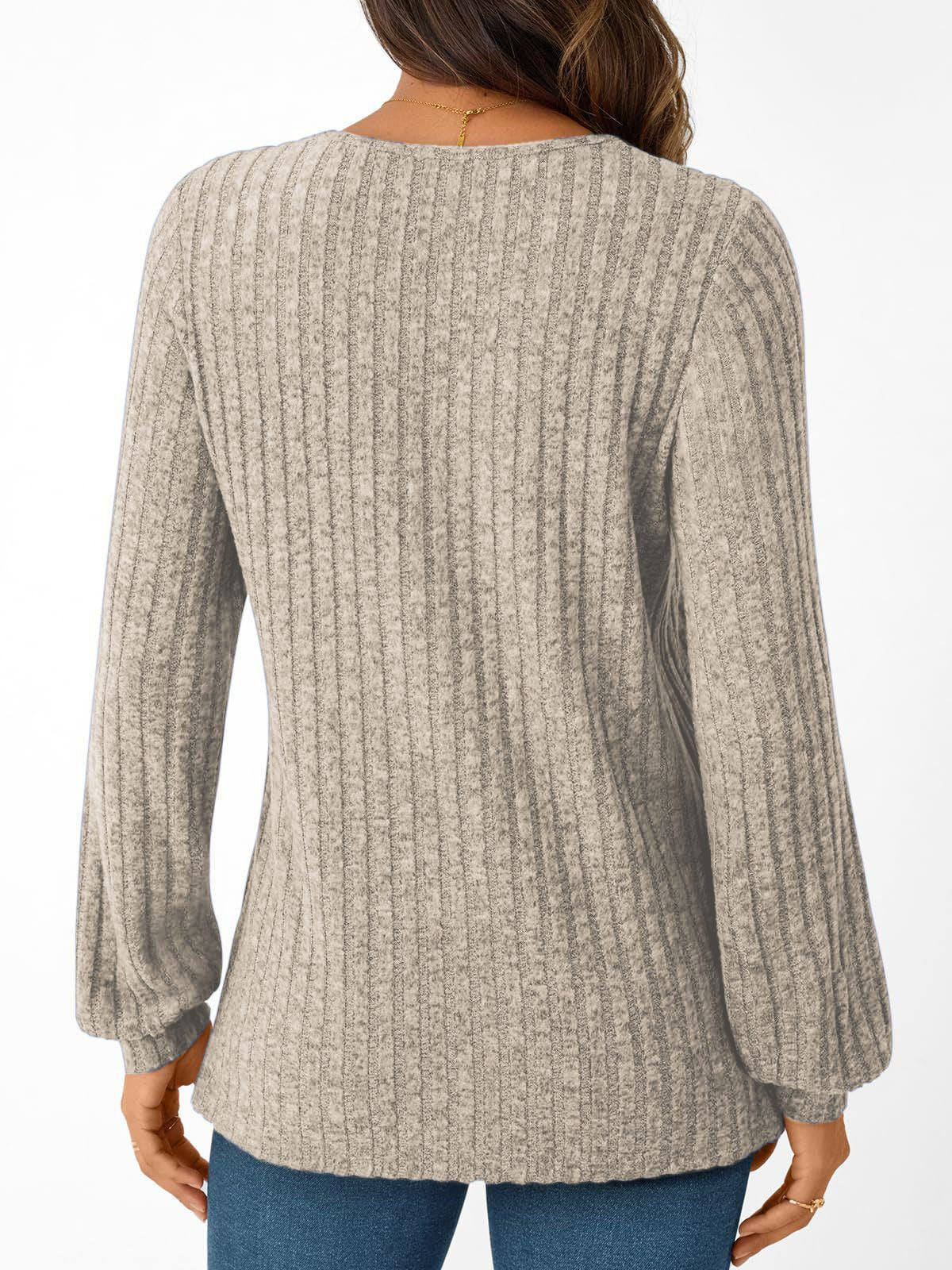 Ribbed Knit Surplice V Neck Blouse - Khaki - 1