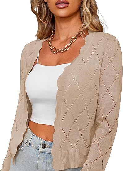 Pointelle Knit Cropped Open Front Cardigan - Apricot
