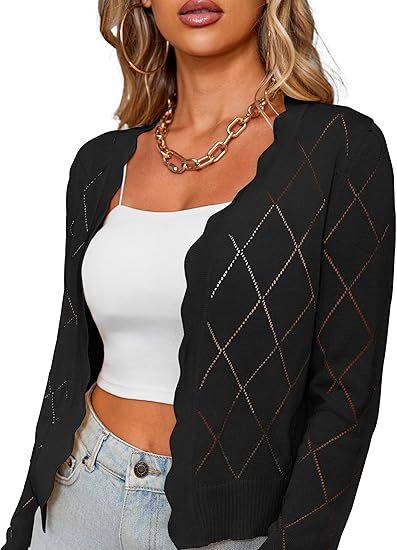 Pointelle Knit Cropped Open Front Cardigan - Black