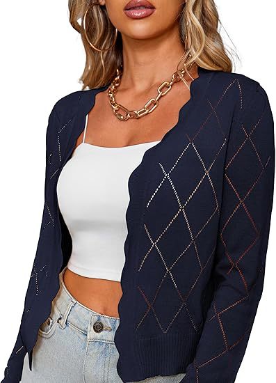 Pointelle Knit Cropped Open Front Cardigan - Navy