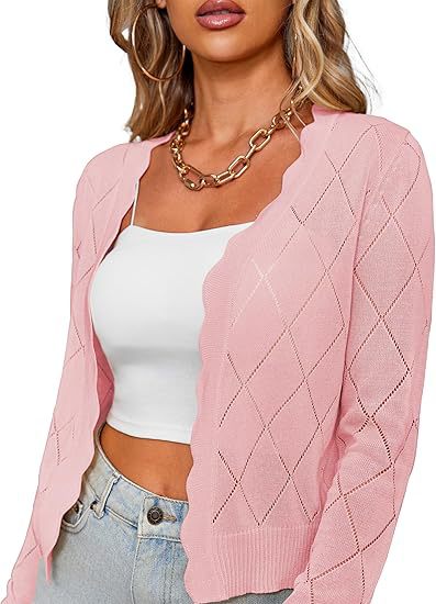 Pointelle Knit Cropped Open Front Cardigan - Pink