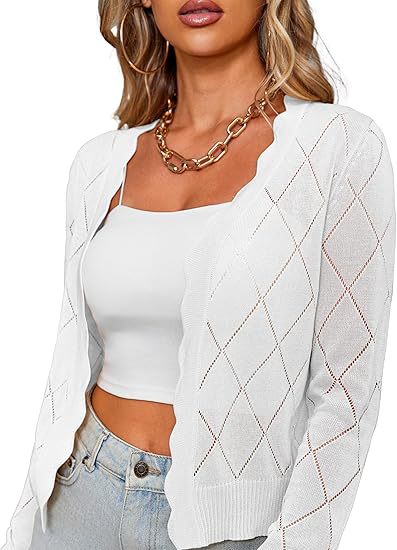Pointelle Knit Cropped Open Front Cardigan - White