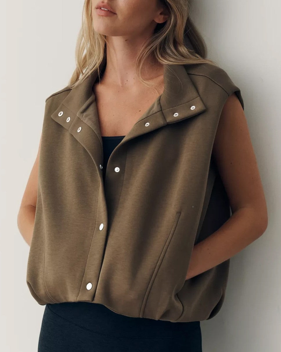 Stand Collar Snap Front Oversized Balloon Hem Vest - Coffee