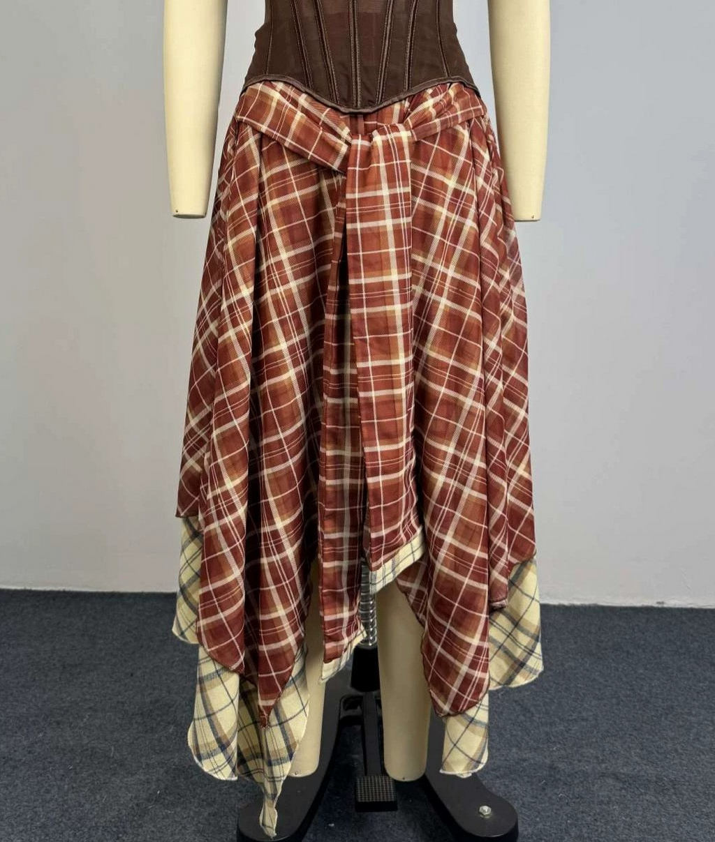 Layered Tartan Maxi Skirt With Tie Waist - Plaid - 1