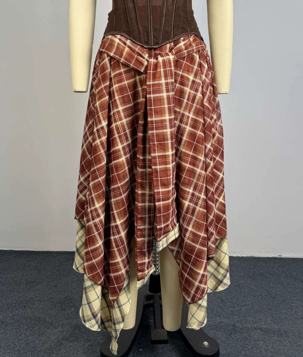 Layered Tartan Maxi Skirt With Tie Waist - Plaid - 1