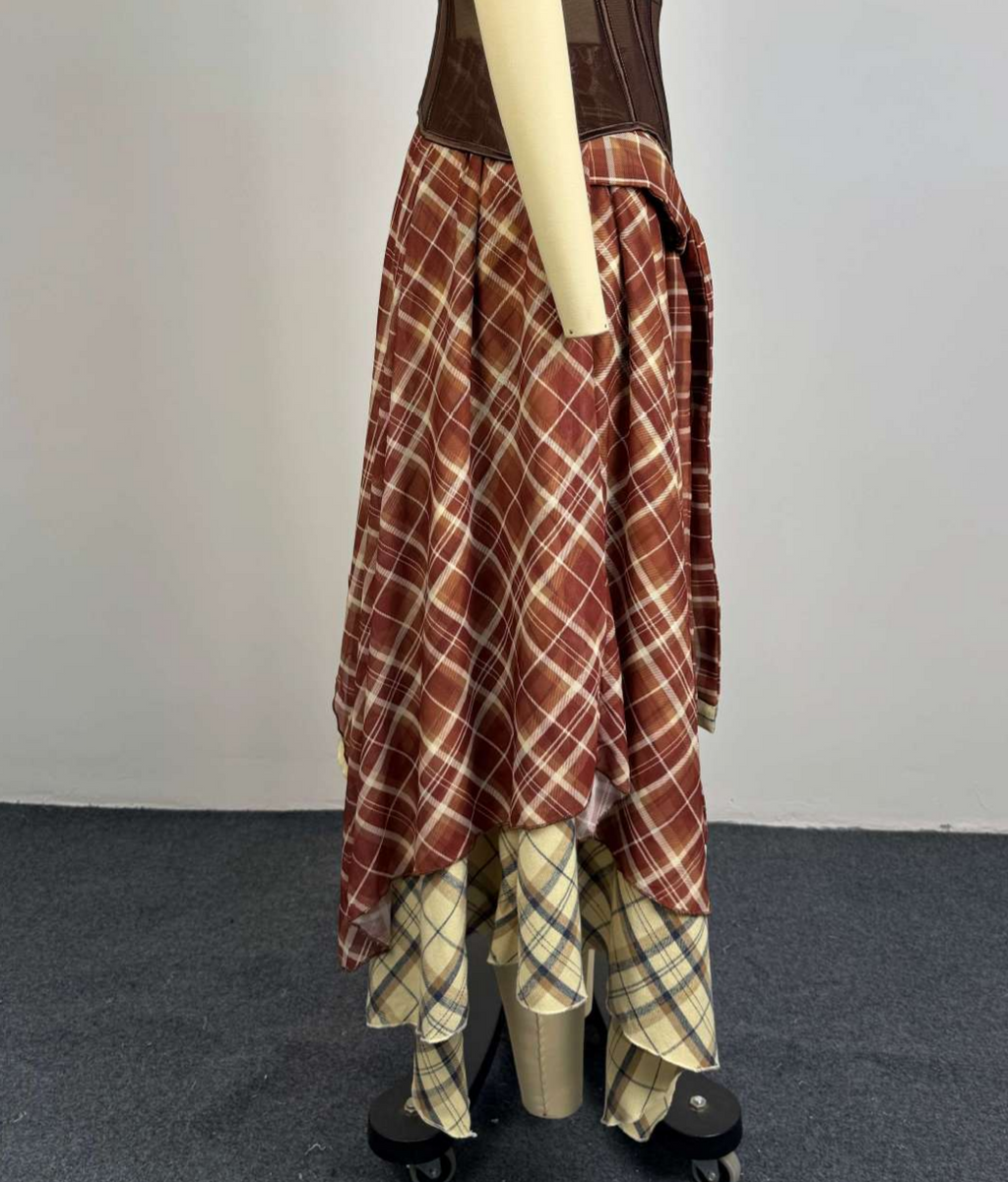 Layered Tartan Maxi Skirt With Tie Waist - Plaid - 2