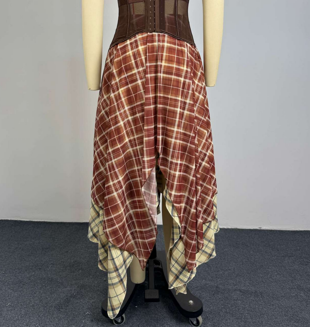 Layered Tartan Maxi Skirt With Tie Waist - Plaid - 3
