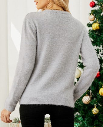Fuzzy Eyelash Knit Bear Holiday Sweater - Grey - 1