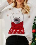 Fuzzy Eyelash Knit Bear Holiday Sweater - White