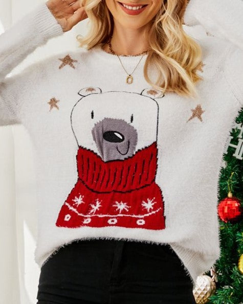 Fuzzy Eyelash Knit Bear Holiday Sweater - White