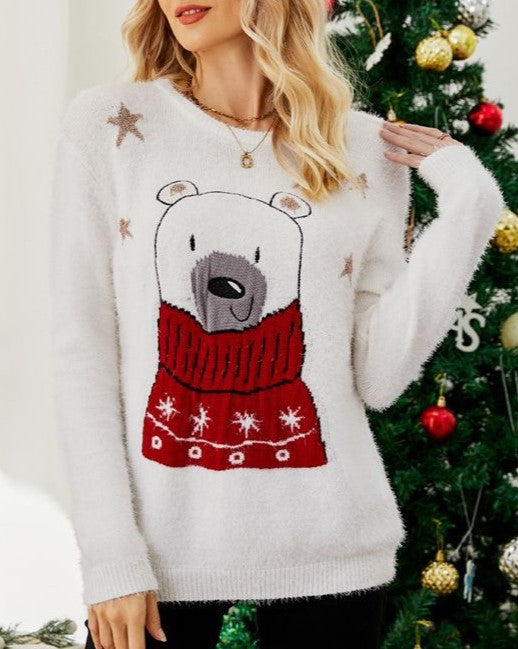 Fuzzy Eyelash Knit Bear Holiday Sweater