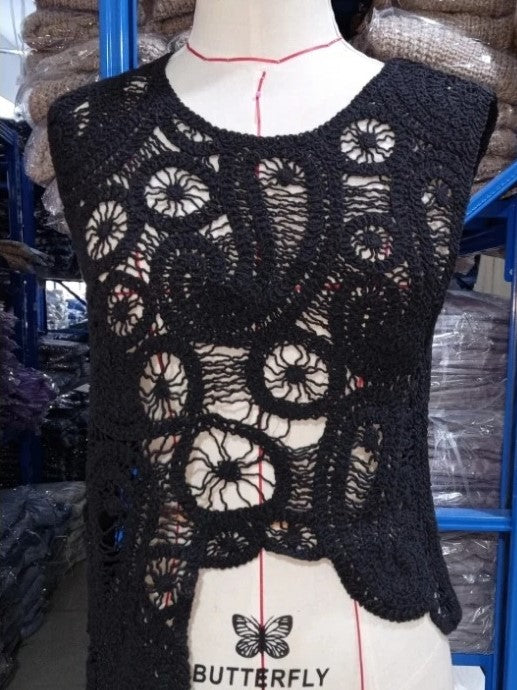 Crochet Lace Tank Asymmetric Hem Skirt Set - Black_top
