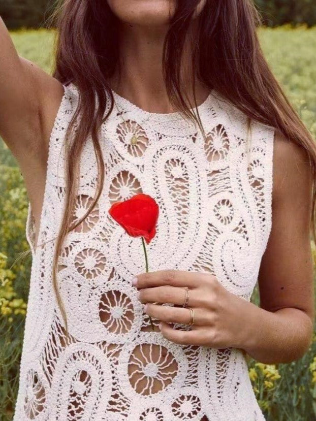 Crochet Lace Tank Asymmetric Hem Skirt Set - White_top
