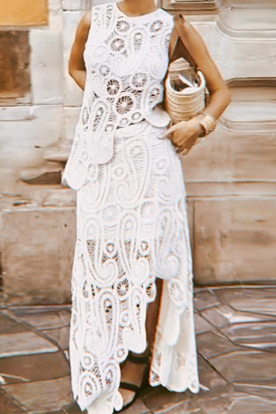 Crochet Lace Tank Asymmetric Hem Skirt Set