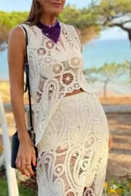 Crochet Lace Tank Asymmetric Hem Skirt Set - view 1