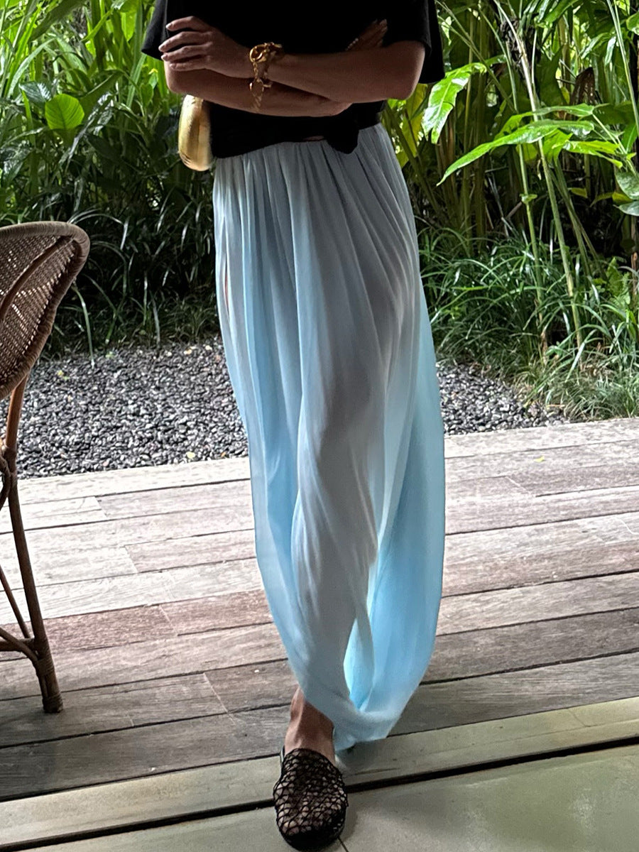 Draped Chiffon Maxi Skirt With Side Slit - Blue