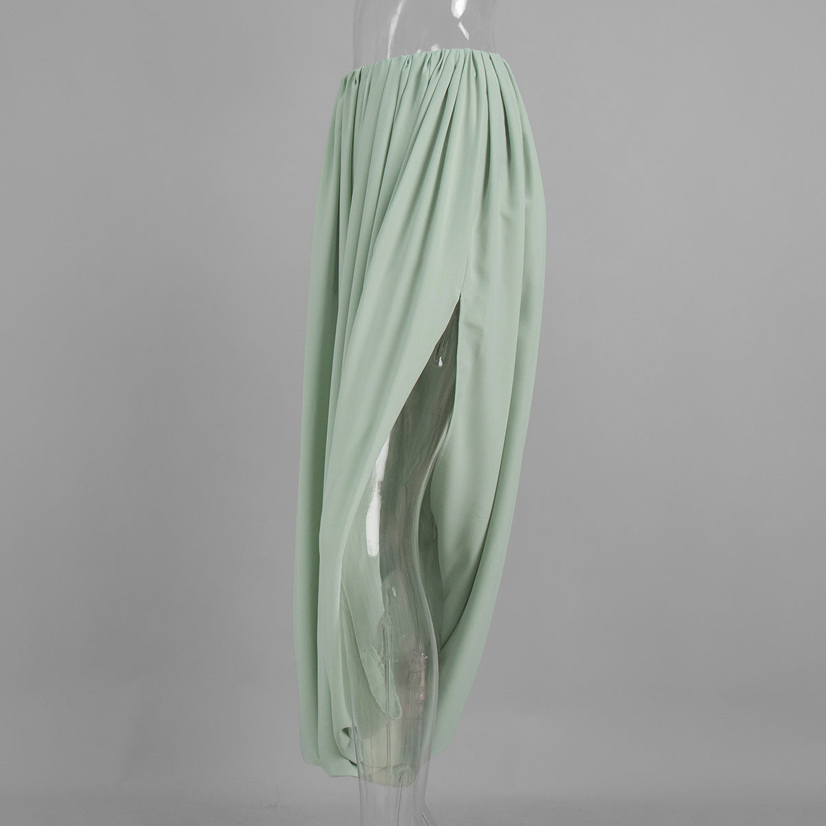 Draped Chiffon Maxi Skirt With Side Slit - Green