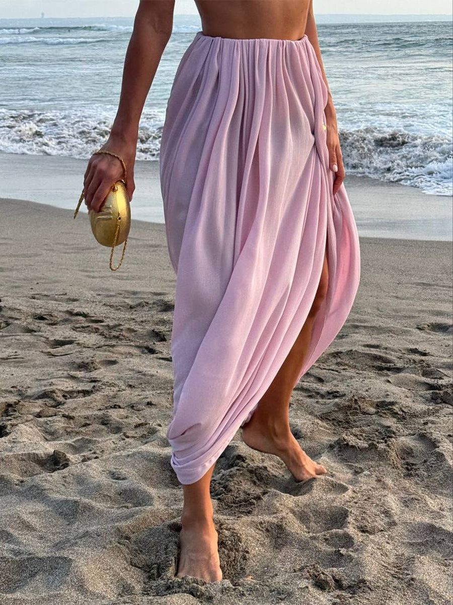 Draped Chiffon Maxi Skirt With Side Slit - Pink