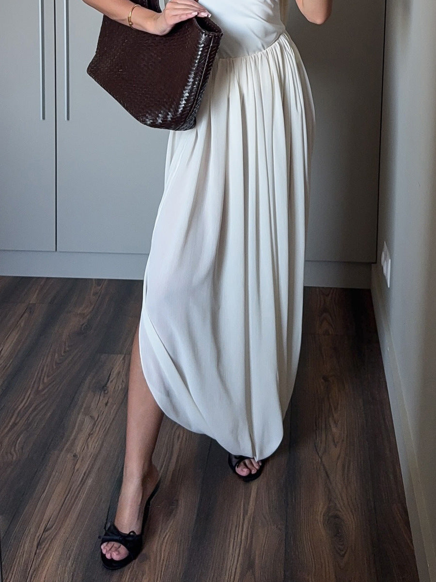 Draped Chiffon Maxi Skirt With Side Slit - White