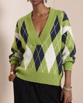 Argyle Diamond Print Deep V Neck Sweater - Green