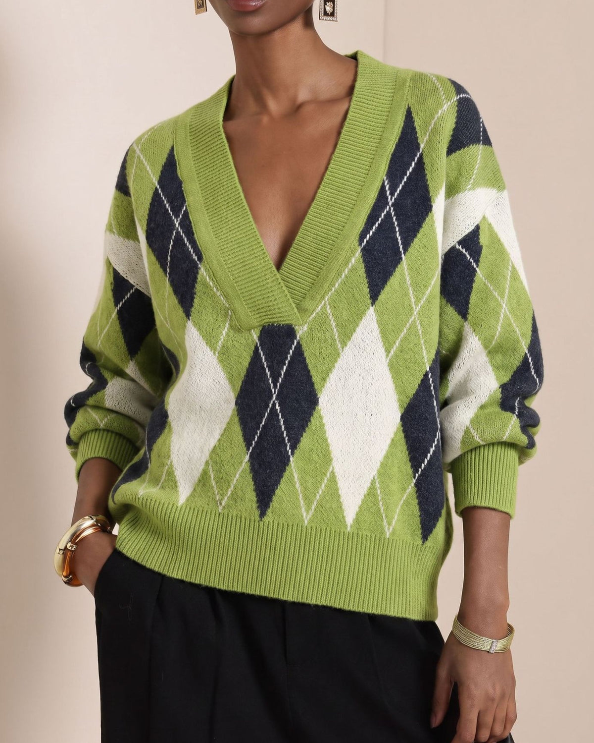 Argyle Diamond Print Deep V Neck Sweater - Green
