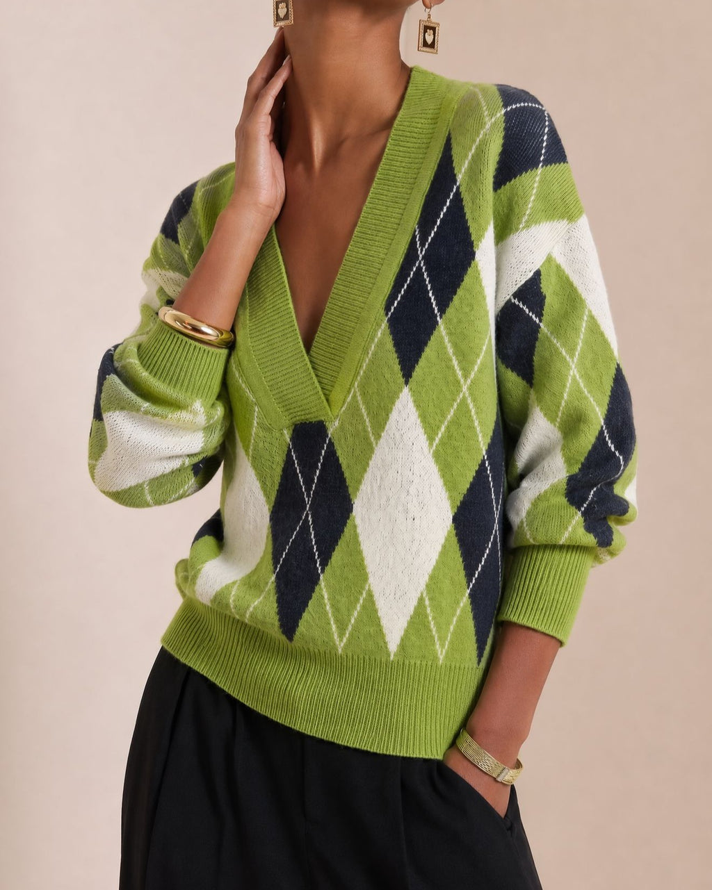 Argyle Diamond Print Deep V Neck Sweater - Green - 1