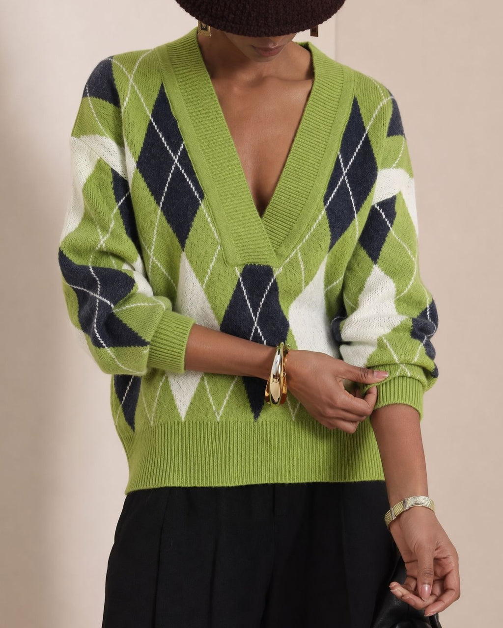 Argyle Diamond Print Deep V Neck Sweater - Green - 2