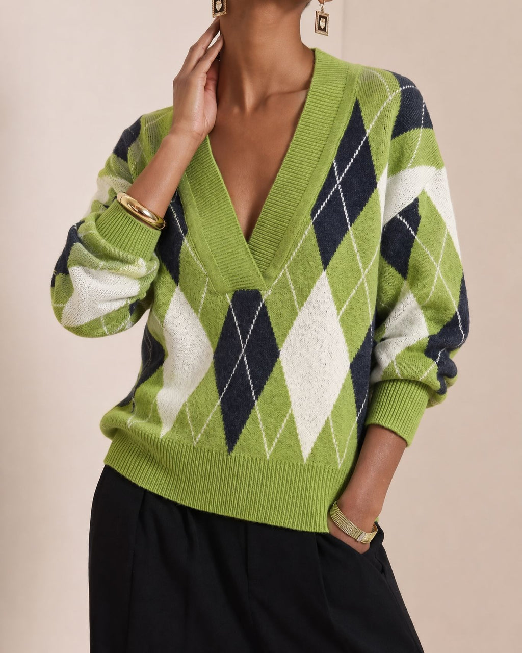 Argyle Diamond Print Deep V Neck Sweater - Green - 3