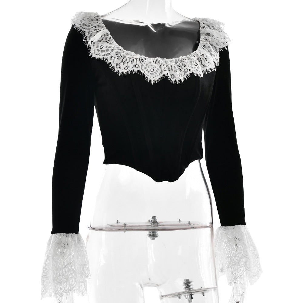Lace Trim Velvet Corset Top - Black