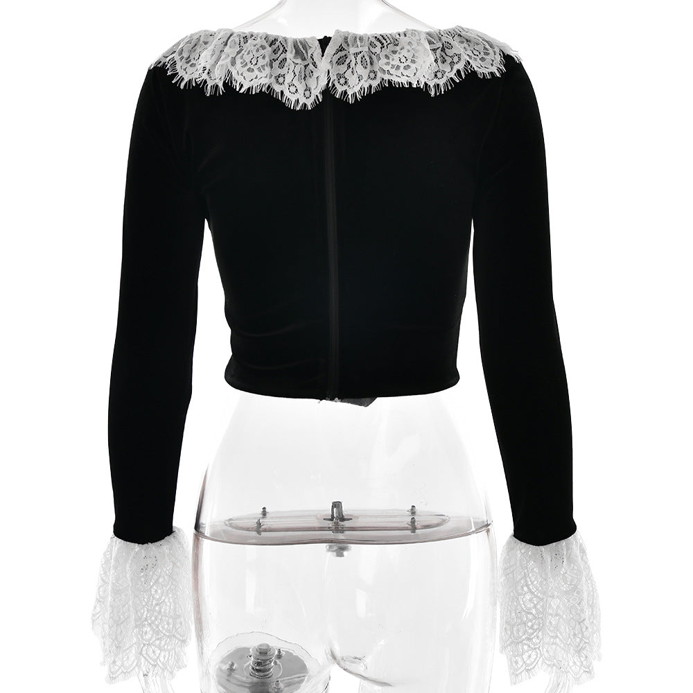 Lace Trim Velvet Corset Top - Black - 1