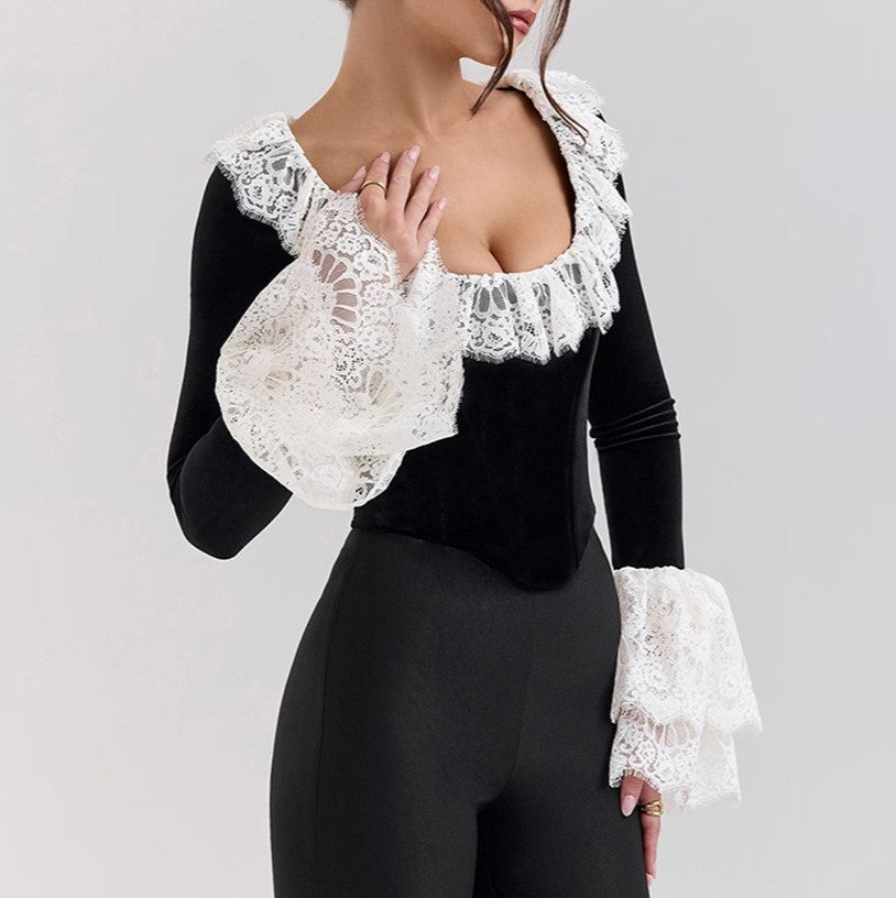 Lace Trim Velvet Corset Top - Black - 2