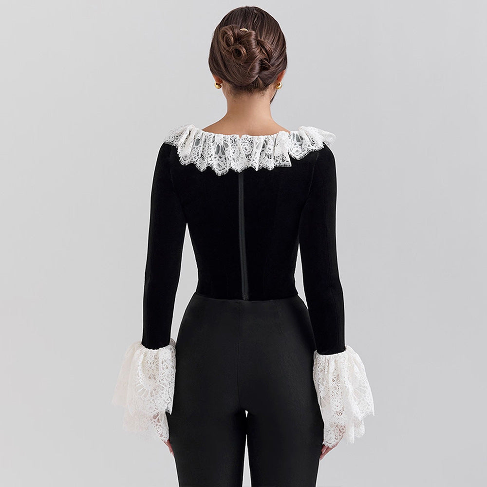 Lace Trim Velvet Corset Top - Black - 3