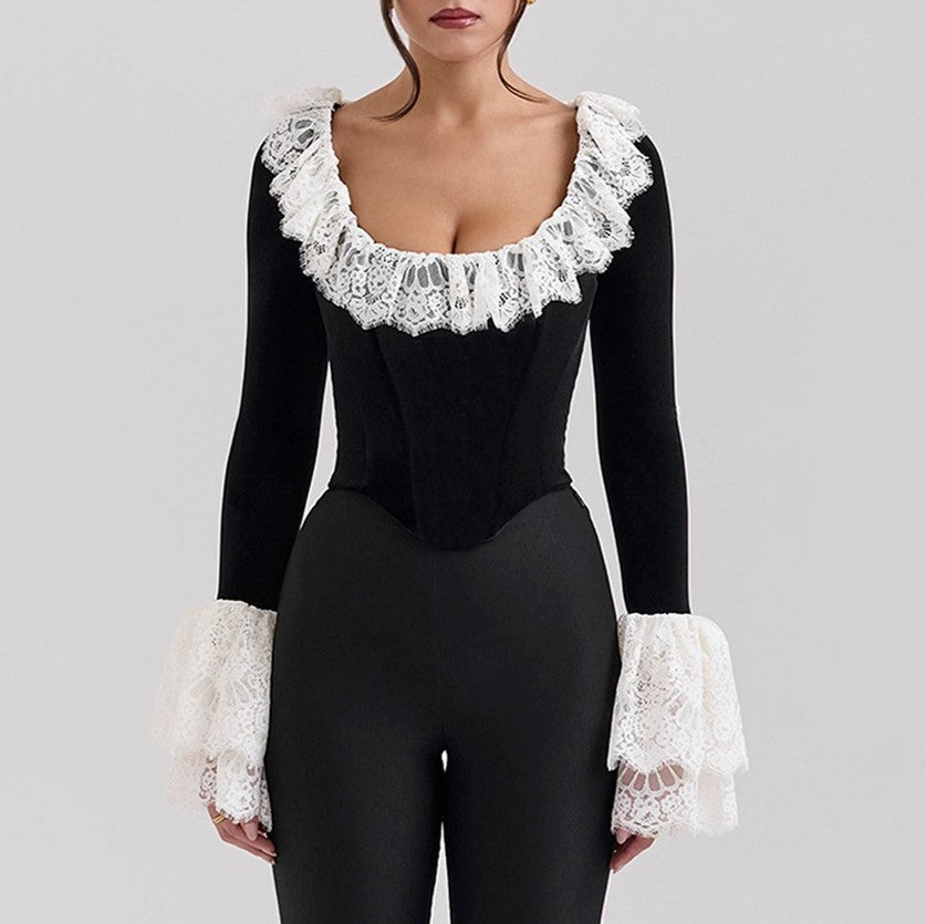 Lace Trim Velvet Corset Top - Black - 4