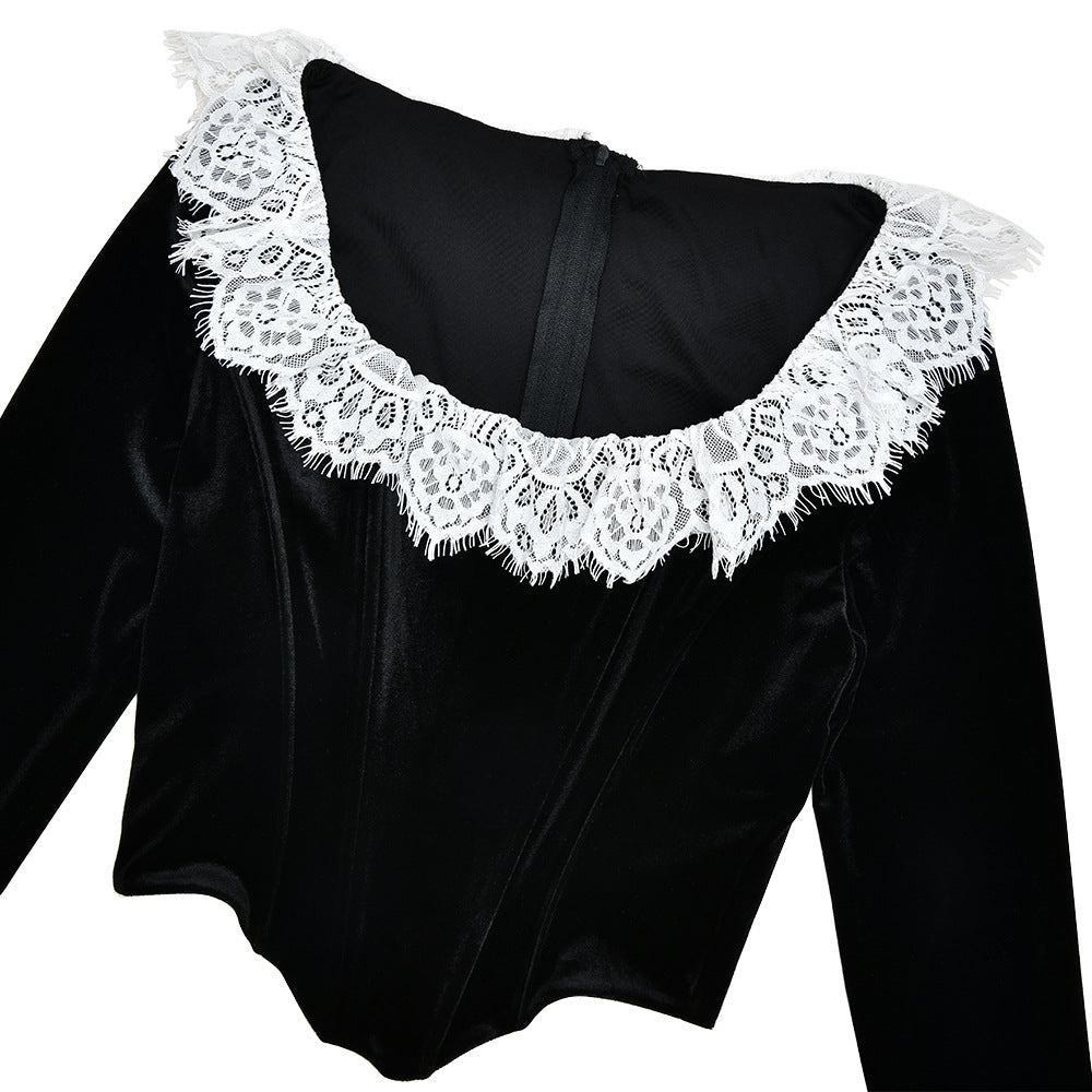 Lace Trim Velvet Corset Top - Black - 5