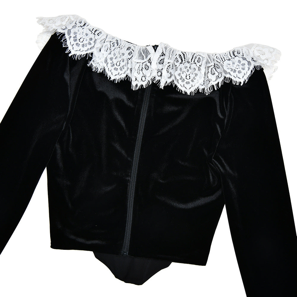 Lace Trim Velvet Corset Top - Black - 6