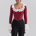 Lace Trim Velvet Corset Top - Winered