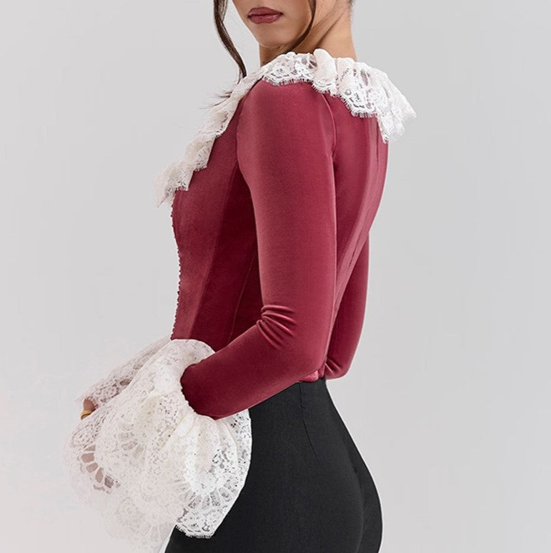 Lace Trim Velvet Corset Top - Winered - 1