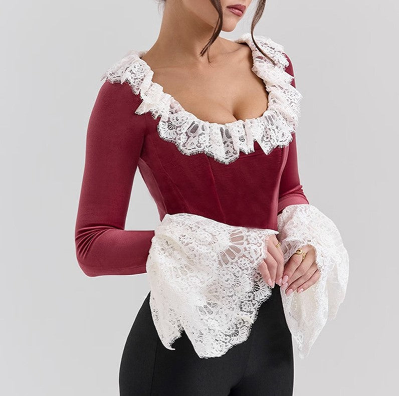 Lace Trim Velvet Corset Top
