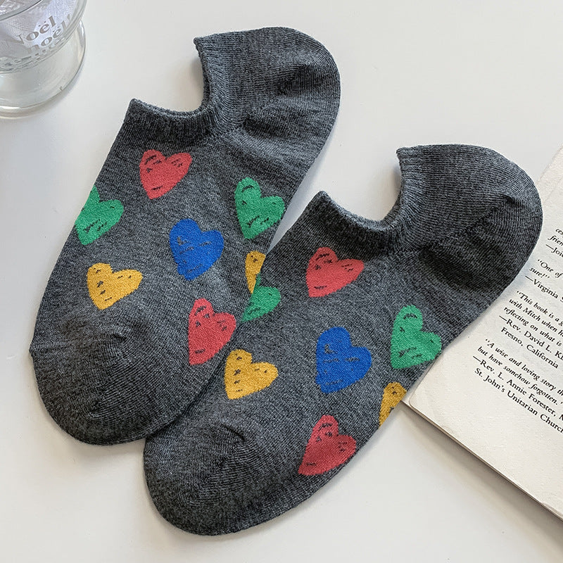 Rainbow Heart Print No Show Socks - Grey