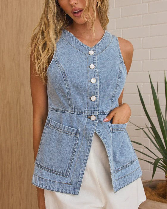 Button Front Denim Sleeveless Peplum Vest - Blue - 2