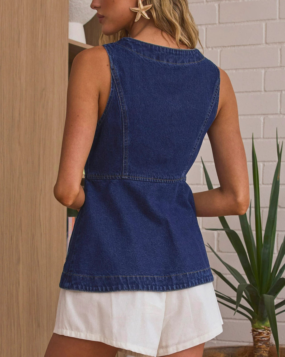 Button Front Denim Sleeveless Peplum Vest - DarkBlue - 3