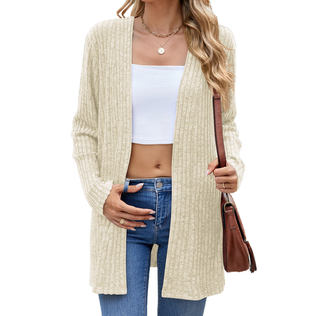 Open Front Ribbed Longline Duster Cardigan - Beige