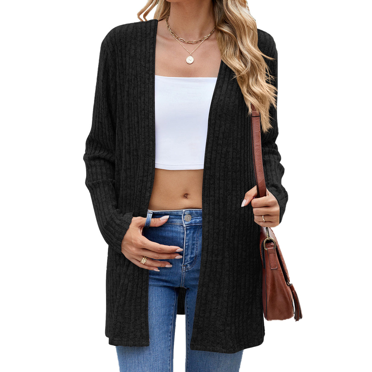 Open Front Ribbed Longline Duster Cardigan - Black